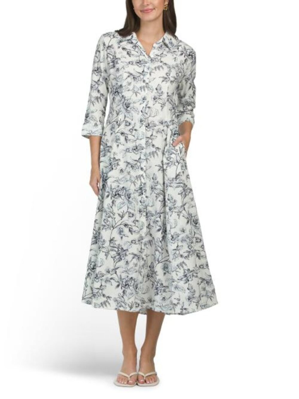 MARTHA STEWART COLLECTION Linen Blend Midi Seamed Shirt Dress